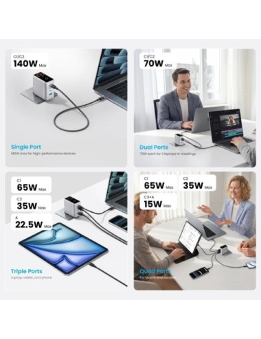 Cargador de Pared GaN Vention TZ-FCOI0-EU/ 3xUSB Tipo-C + Cable USB Tipo-C/ 1xUSB/ 140W