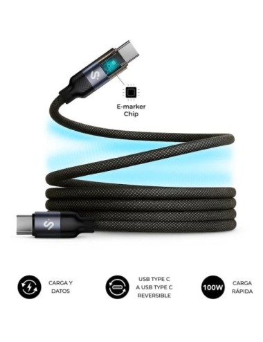 Cable USB 2.0 Tipo-C Subblim PowerMag Led/ USB Tipo-C Macho - USB Tipo-C Macho/ Hasta 100W/ 480Mbps/ 2m/ Negro