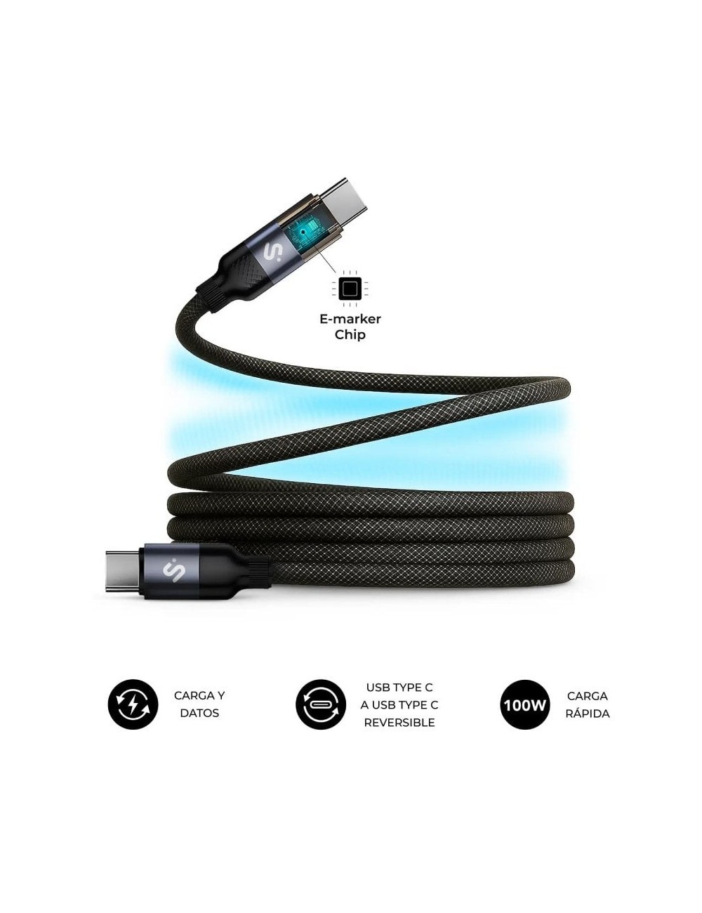 Cable USB 2.0 Tipo-C Subblim PowerMag Led/ USB Tipo-C Macho - USB Tipo-C Macho/ Hasta 100W/ 480Mbps/ 2m/ Negro