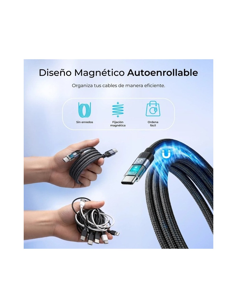 Cable USB 2.0 Tipo-C Subblim PowerMag Led/ USB Tipo-C Macho - USB Tipo-C Macho/ Hasta 100W/ 480Mbps/ 2m/ Negro