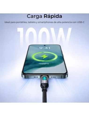 Cable USB 2.0 Tipo-C Subblim PowerMag Led/ USB Tipo-C Macho - USB Tipo-C Macho/ Hasta 100W/ 480Mbps/ 2m/ Negro