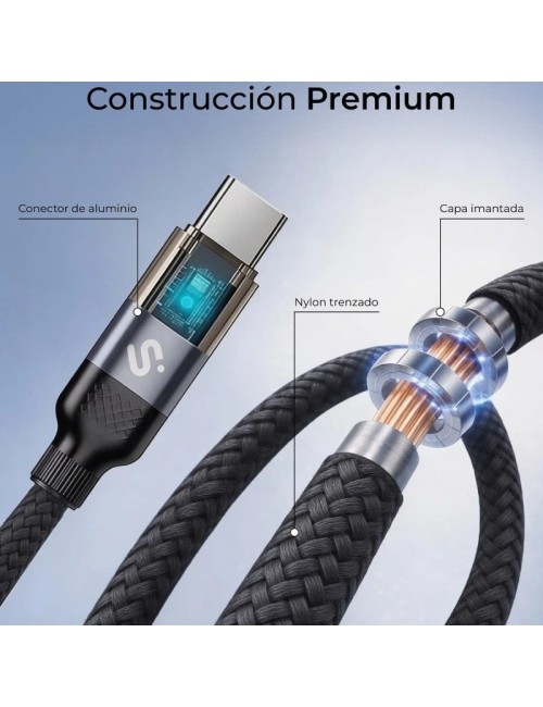 Cable USB 2.0 Tipo-C Subblim PowerMag Led/ USB Tipo-C Macho - USB Tipo-C Macho/ Hasta 100W/ 480Mbps/ 2m/ Negro