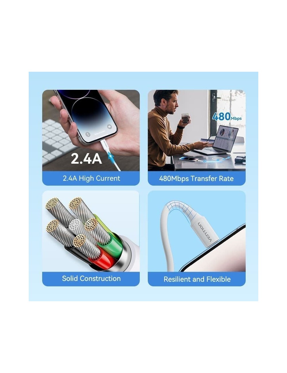 Cable USB 2.0 Lightning Vention LAIWF/ USB Macho - Lightning Macho/ 480Mbps/ 1m/ Blanco