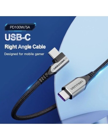 Cable USB 2.0 Tipo-C 90º Vention TAKHF/ USB Tipo-C Macho - USB Tipo-C Macho/ Hasta 100W/ 480Mbps/ 1m/ Gris