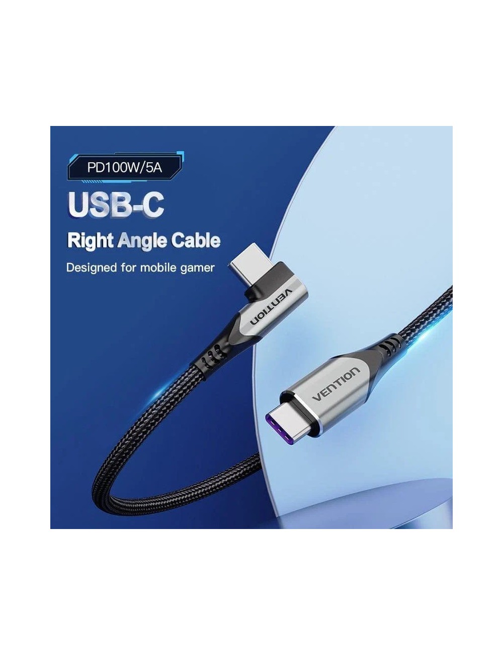 Cable USB 2.0 Tipo-C 90º Vention TAKHF/ USB Tipo-C Macho - USB Tipo-C Macho/ Hasta 100W/ 480Mbps/ 1m/ Gris