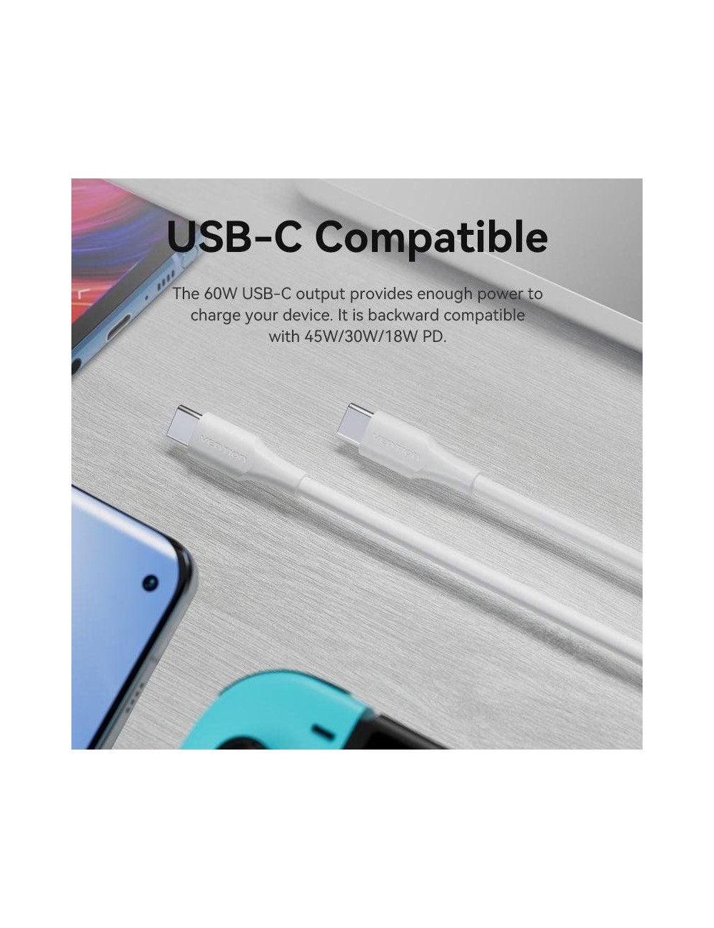 Cable USB 2.0 Tipo-C 3A Vention TRCWF/ USB Tipo-C Macho - USB Tipo-C Macho/ Hasta 60W/ 480Mbps/ 1m/ Blanco