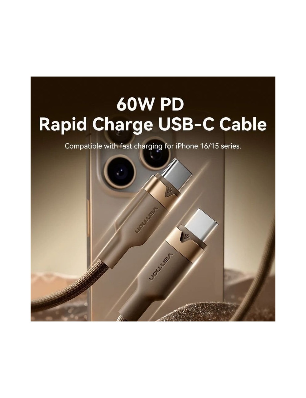 Cable USB 2.0 Tipo-C 3A Vention TRDJF/ USB Tipo-C Macho - USB Tipo-C Macho/ Hasta 60W/ 480Mbps/ 1m/ Oro Desierto