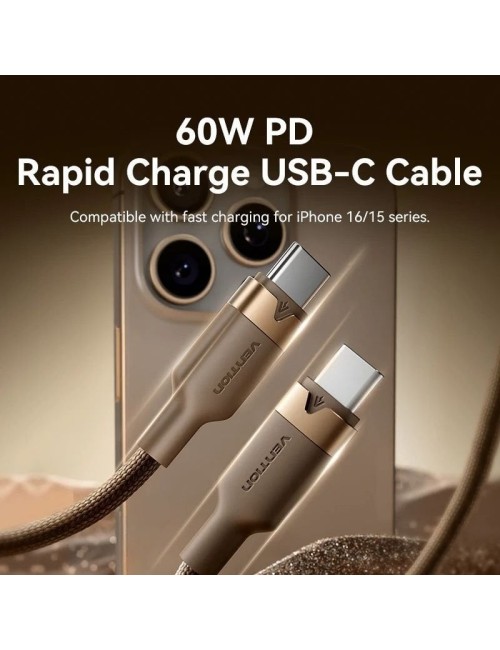 Cable USB 2.0 Tipo-C 3A Vention TRDJF/ USB Tipo-C Macho - USB Tipo-C Macho/ Hasta 60W/ 480Mbps/ 1m/ Oro Desierto