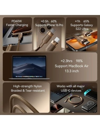 Cable USB 2.0 Tipo-C 3A Vention TRDJF/ USB Tipo-C Macho - USB Tipo-C Macho/ Hasta 60W/ 480Mbps/ 1m/ Oro Desierto
