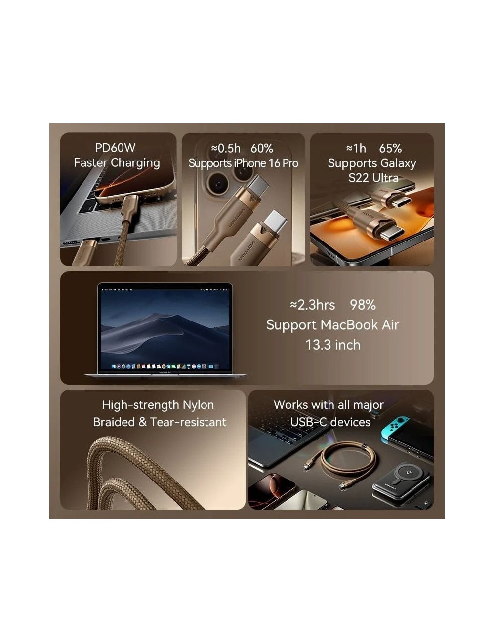 Cable USB 2.0 Tipo-C 3A Vention TRDJF/ USB Tipo-C Macho - USB Tipo-C Macho/ Hasta 60W/ 480Mbps/ 1m/ Oro Desierto