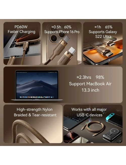 Cable USB 2.0 Tipo-C 3A Vention TRDJF/ USB Tipo-C Macho - USB Tipo-C Macho/ Hasta 60W/ 480Mbps/ 1m/ Oro Desierto