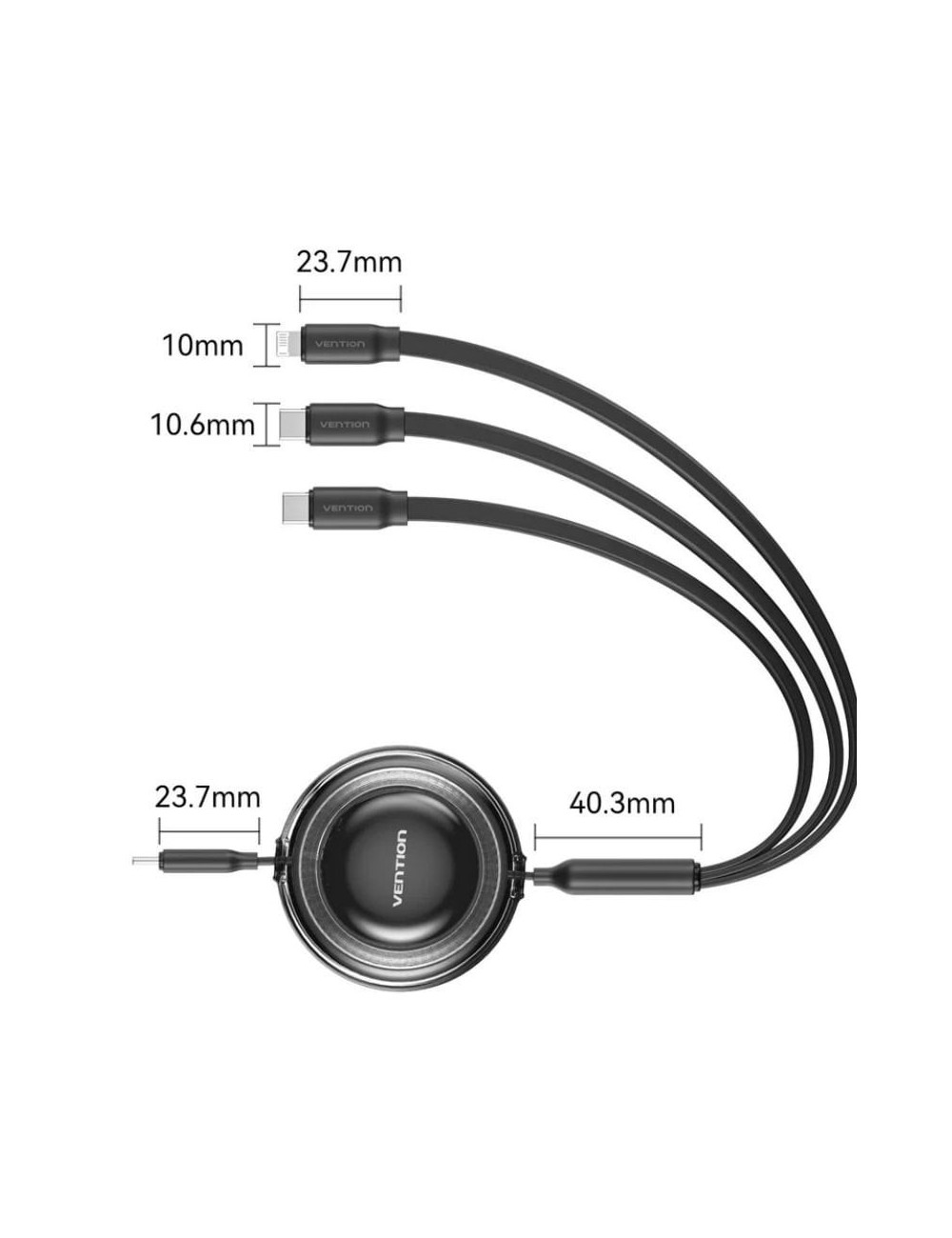 Cable USB Tipo-C 2.0 5A Vention TRKBBE/ USB Tipo-C Macho - 3x USB Tipo-C Macho/ Hasta 100W/ 480Mbps/ 1.1m/ Negro