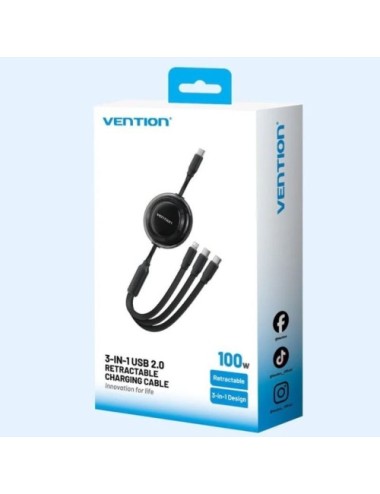 Cable USB Tipo-C 2.0 5A Vention TRKBBE/ USB Tipo-C Macho - 3x USB Tipo-C Macho/ Hasta 100W/ 480Mbps/ 1.1m/ Negro