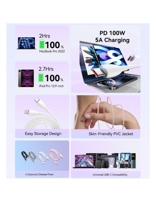 Cable USB 2.0 Tipo-C Vention TRWWH/ USB Tipo-C Macho - USB Tipo-C Macho/ Hasta 100W/ 480Mbps/ 2m/ Blanco