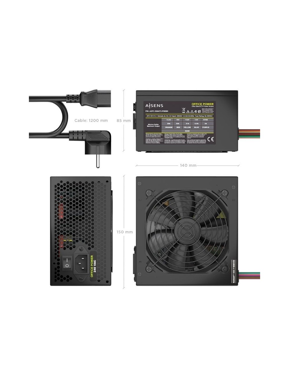 Fuente de Alimentación Aisens ASPC-500ATX-PSEBK/ 500W/ Ventilador 12cm