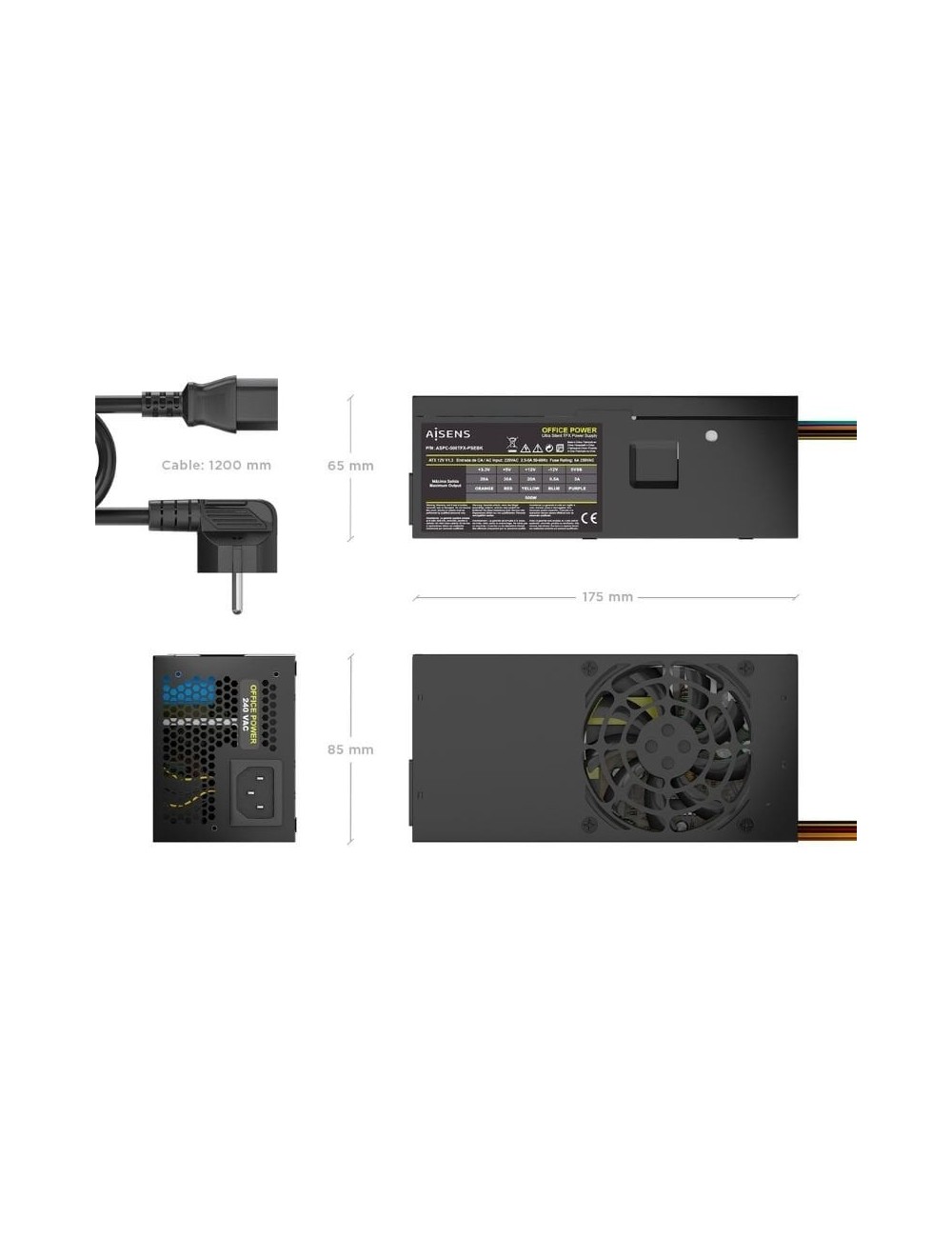 Fuente de Alimentación TFX Aisens ASPC-500TFX-PSEBK/ 500W/ Ventilador 8cm