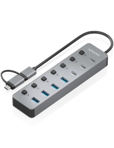 Hub USB Tipo-C + USB 3.1 Aisens ASUC-8P043-GR/ 4xUSB/ 3xUSB Tipo-C/ 1xUSB Tipo-C PD/ Gris