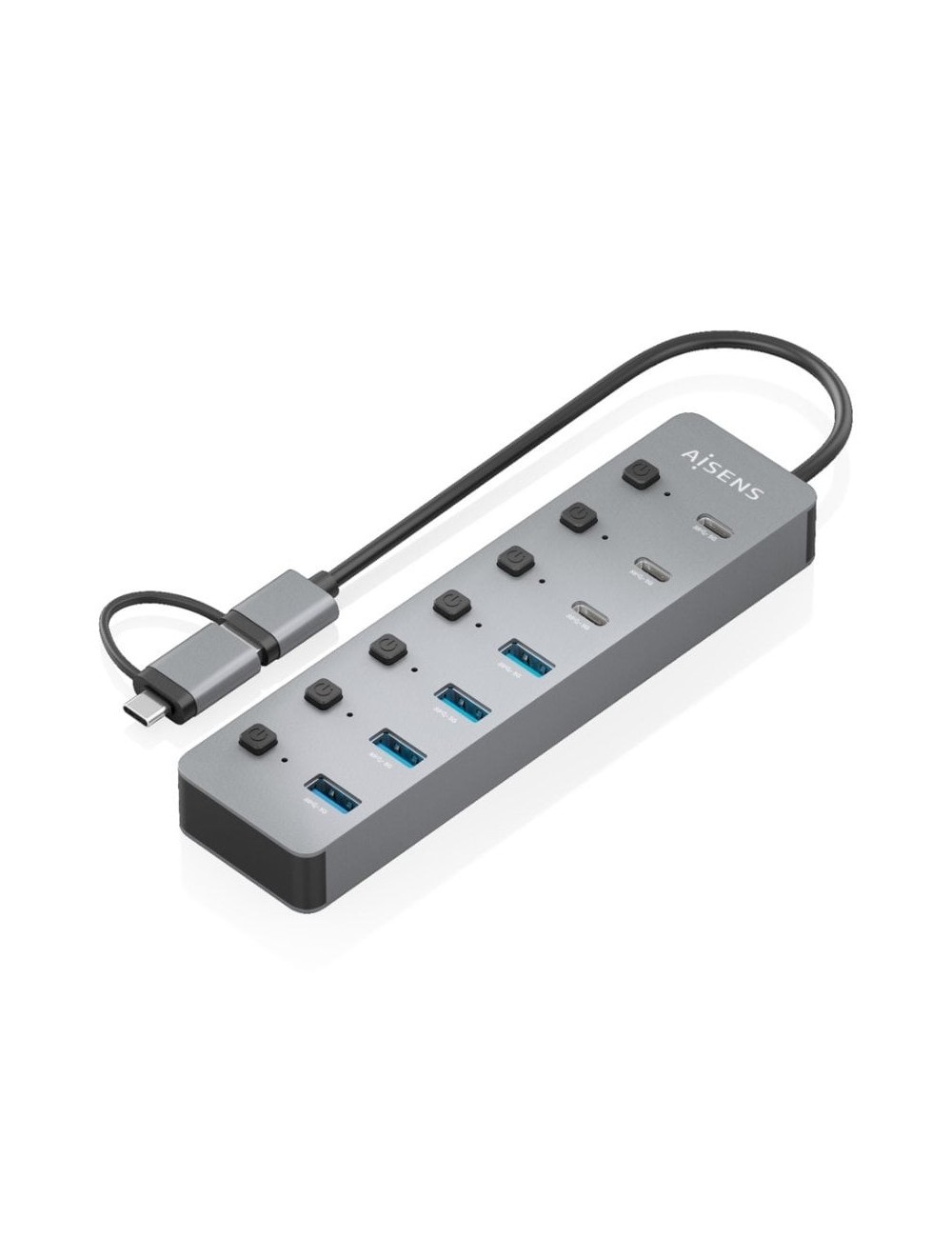 Hub USB Tipo-C + USB 3.1 Aisens ASUC-8P043-GR/ 4xUSB/ 3xUSB Tipo-C/ 1xUSB Tipo-C PD/ Gris