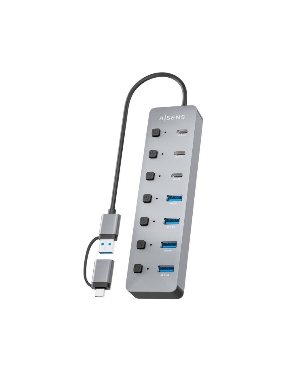 Hub USB Tipo-C + USB 3.1 Aisens ASUC-8P043-GR/ 4xUSB/ 3xUSB Tipo-C/ 1xUSB Tipo-C PD/ Gris