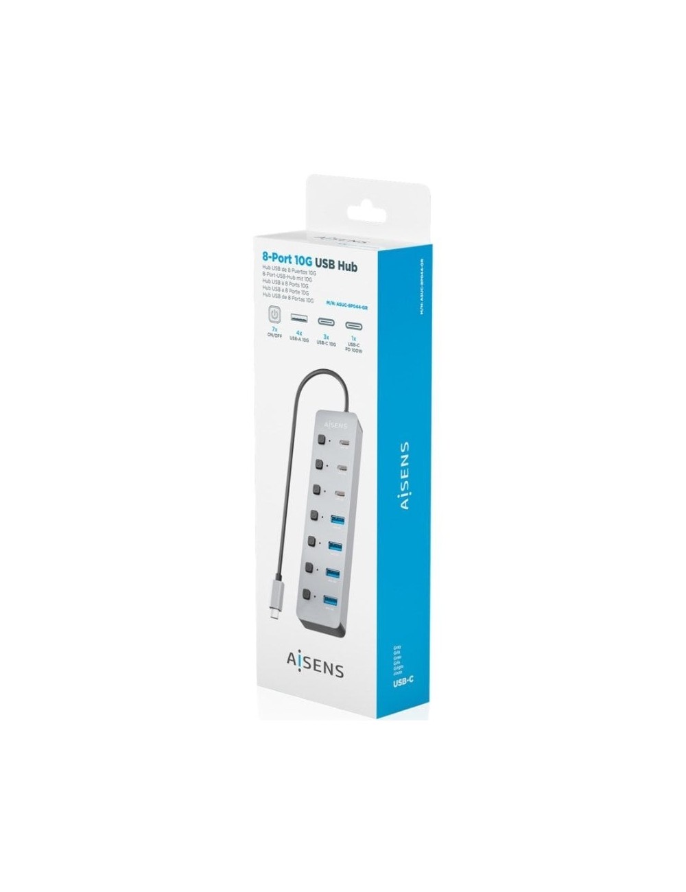 Hub USB Tipo-C 3.2 Aisens ASUC-8P044-GR/ 4xUSB/ 3xUSB Tipo-C/ 1xUSB Tipo-C PD/ Gris