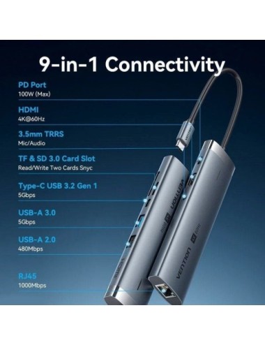 Hub USB Tipo-C 3.2 Vention TGVHB/ 2xUSB/ 1xUSB Tipo-C PD/ 1xUSB Tipo-C/ 1xRJ45/ 1xLector de Tarjetas/ 1xJack 3.5mm/ 1xHDMI/ Gris