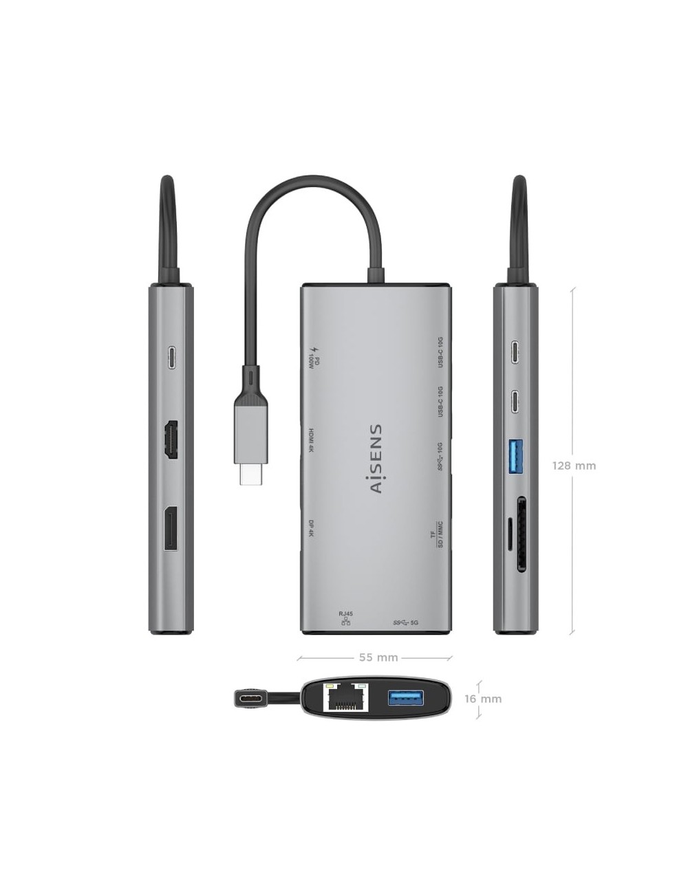 Docking USB Tipo-C Aisens ASUC-10P050-GR/ 1xDisplayPort/ 1xHDMI 4K/ 1xRJ45/ 2xUSB/ 2xUSB Tipo-C/ 1xUSB Tipo-C PD/ 1xLector de Ta