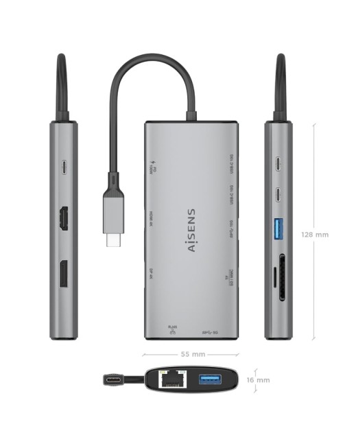 Docking USB Tipo-C Aisens ASUC-10P050-GR/ 1xDisplayPort/ 1xHDMI 4K/ 1xRJ45/ 2xUSB/ 2xUSB Tipo-C/ 1xUSB Tipo-C PD/ 1xLector de Ta