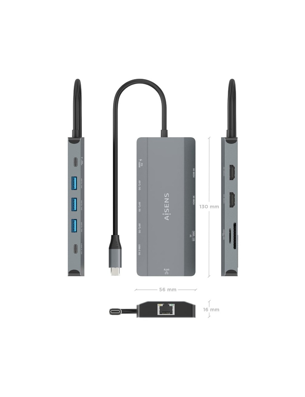 Docking USB Tipo-C Aisens ASUC-10P052-GR/ 2xHDMI 4K/ 1xRJ45/ 3xUSB/ 1xUSB Tipo-C/ 1xUSB Tipo-C PD/ 1xLector de Tarjetas/ Gris
