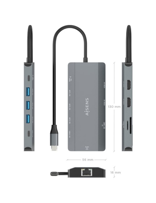Docking USB Tipo-C Aisens ASUC-10P052-GR/ 2xHDMI 4K/ 1xRJ45/ 3xUSB/ 1xUSB Tipo-C/ 1xUSB Tipo-C PD/ 1xLector de Tarjetas/ Gris