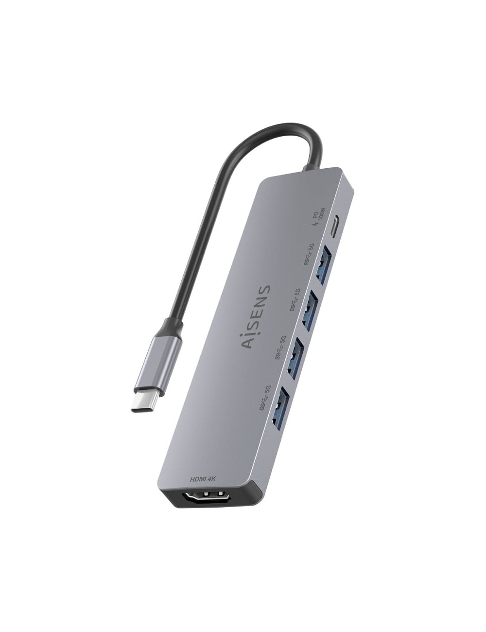 Docking USB Tipo-C Aisens ASUC-6P047-GR/ 1xHDMI 4K/ 4xUSB/ 1xUSB Tipo-C PD/ Gris
