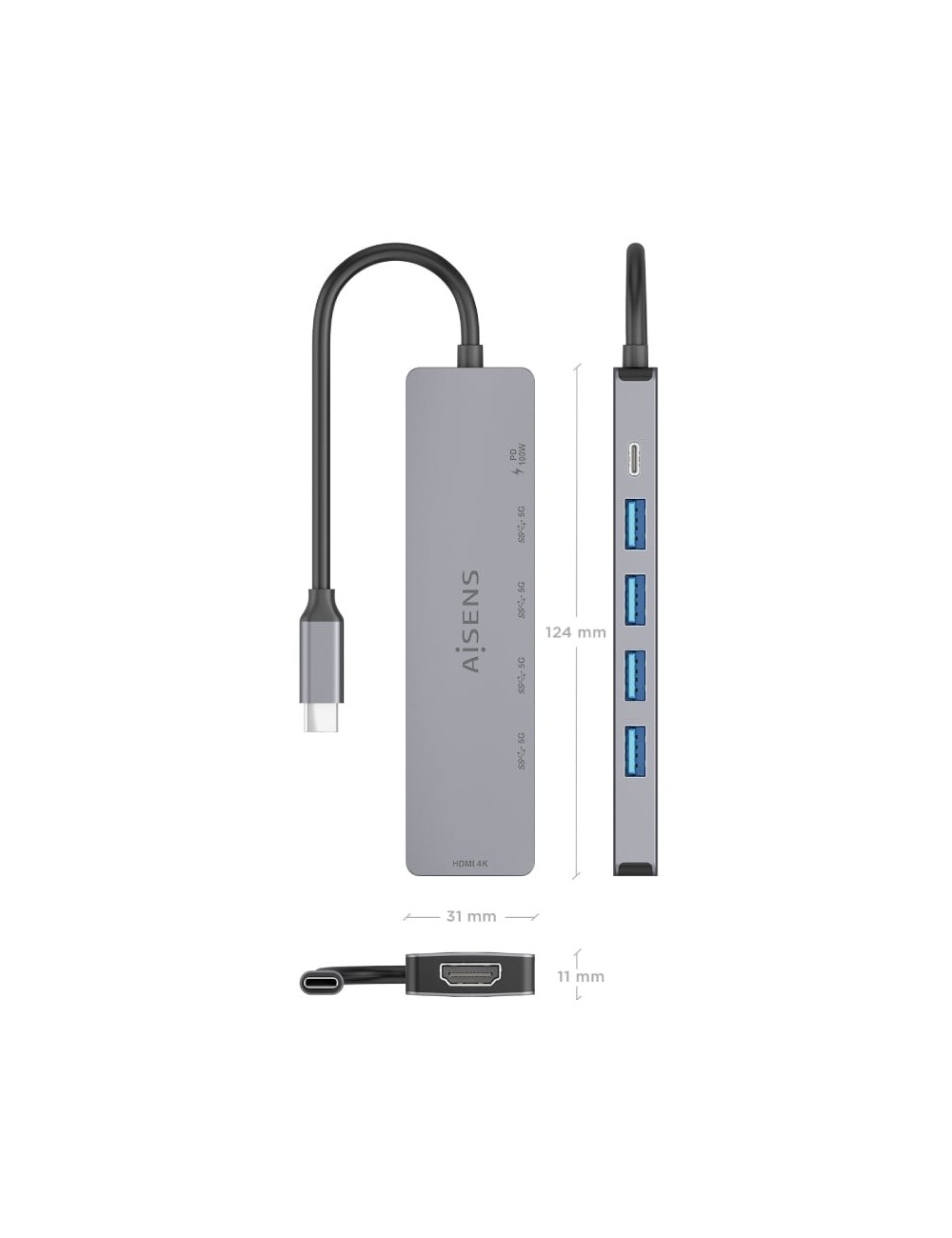 Docking USB Tipo-C Aisens ASUC-6P047-GR/ 1xHDMI 4K/ 4xUSB/ 1xUSB Tipo-C PD/ Gris