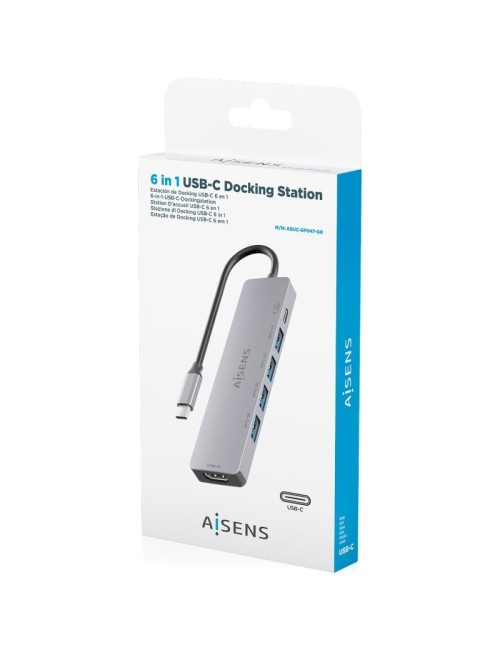 Docking USB Tipo-C Aisens ASUC-6P047-GR/ 1xHDMI 4K/ 4xUSB/ 1xUSB Tipo-C PD/ Gris