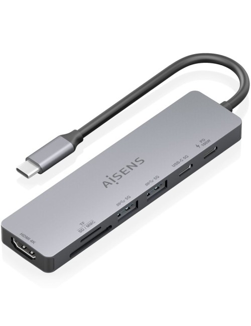 Docking USB Tipo-C Aisens ASUC-7P048-GR/ 1xHDMI 4K/ 2xUSB/ 1xUSB Tipo-C/ 1xUSB Tipo-C PD/ 1x Lector de Tarjetas/ Gris