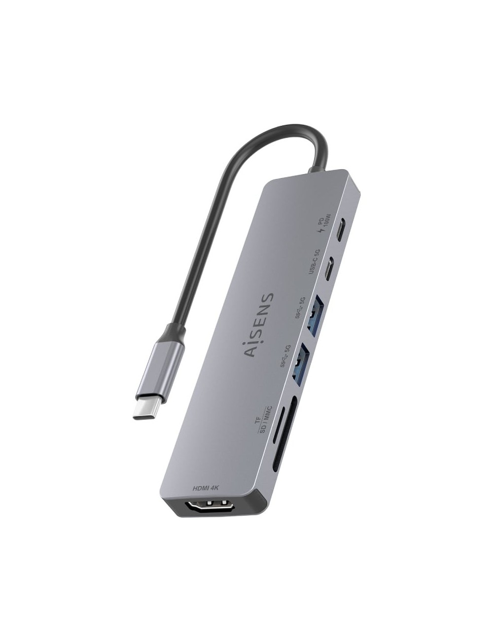Docking USB Tipo-C Aisens ASUC-7P048-GR/ 1xHDMI 4K/ 2xUSB/ 1xUSB Tipo-C/ 1xUSB Tipo-C PD/ 1x Lector de Tarjetas/ Gris