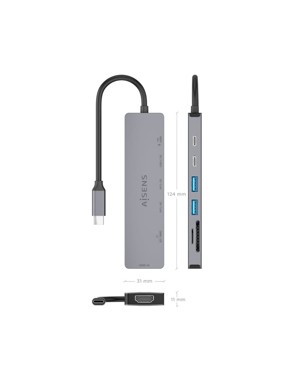 Docking USB Tipo-C Aisens ASUC-7P048-GR/ 1xHDMI 4K/ 2xUSB/ 1xUSB Tipo-C/ 1xUSB Tipo-C PD/ 1x Lector de Tarjetas/ Gris