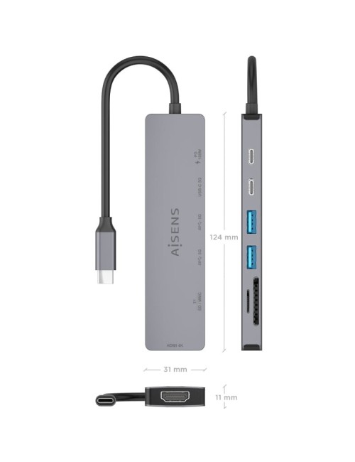Docking USB Tipo-C Aisens ASUC-7P048-GR/ 1xHDMI 4K/ 2xUSB/ 1xUSB Tipo-C/ 1xUSB Tipo-C PD/ 1x Lector de Tarjetas/ Gris