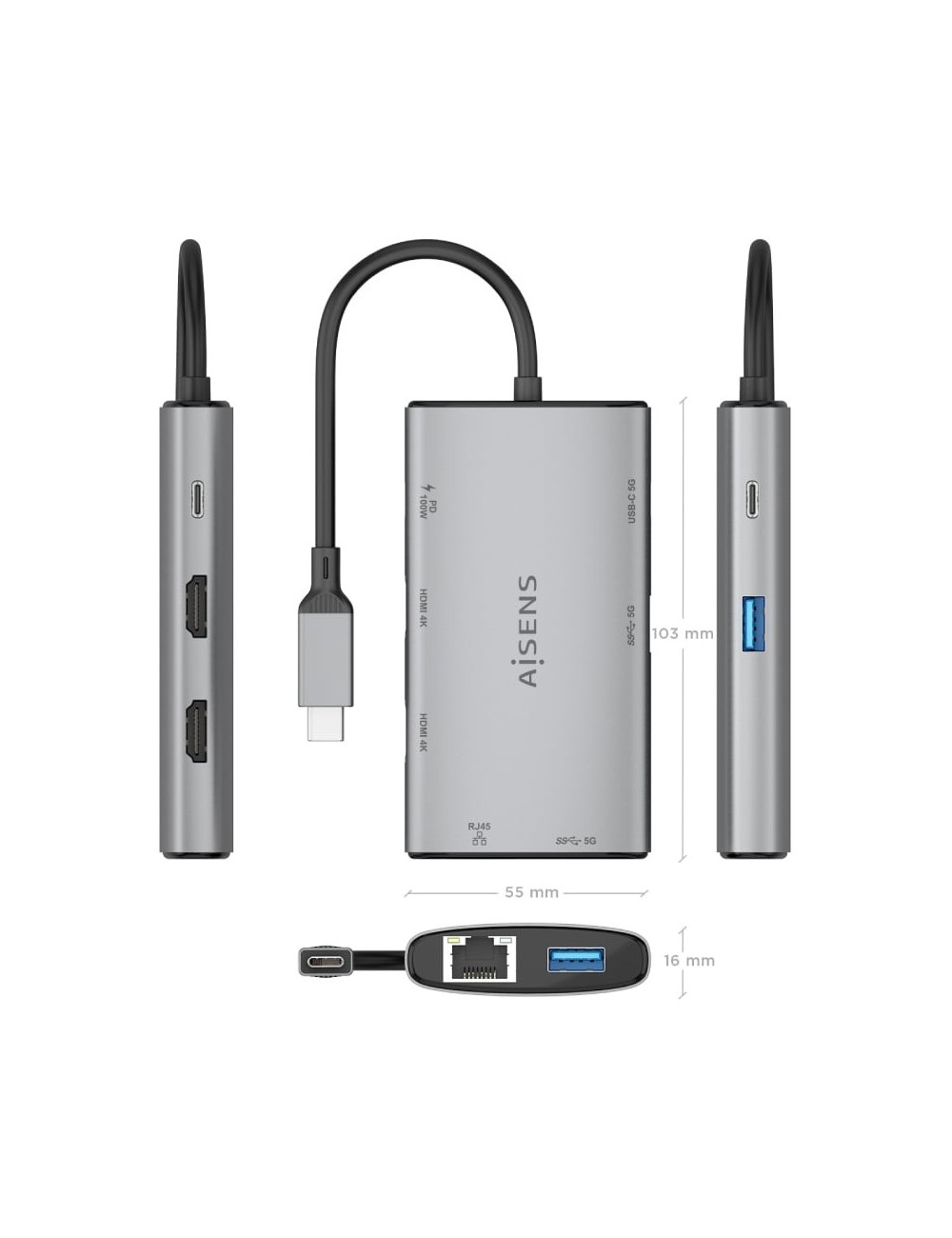 Docking USB Tipo-C Aisens ASUC-7P049-GR/ 2xHDMI 4K/ 1xRJ45/ 2xUSB/ 1xUSB Tipo-C/ 1xUSB Tipo-C PD/ Gris