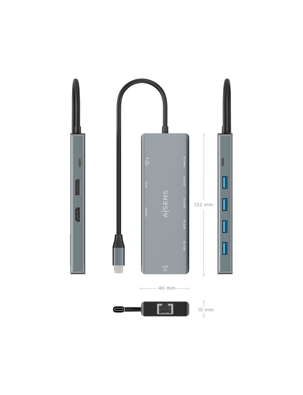 Docking USB Tipo-C Aisens ASUC-9P051-GR/ 1xDisplayPort/ 1xHDMI 4K/ 4xUSB/ 1xUSB Tipo-C/ 1xRJ45/ 1xUSB Tipo-C PD/ Gris