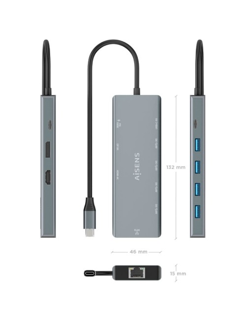 Docking USB Tipo-C Aisens ASUC-9P051-GR/ 1xDisplayPort/ 1xHDMI 4K/ 4xUSB/ 1xUSB Tipo-C/ 1xRJ45/ 1xUSB Tipo-C PD/ Gris
