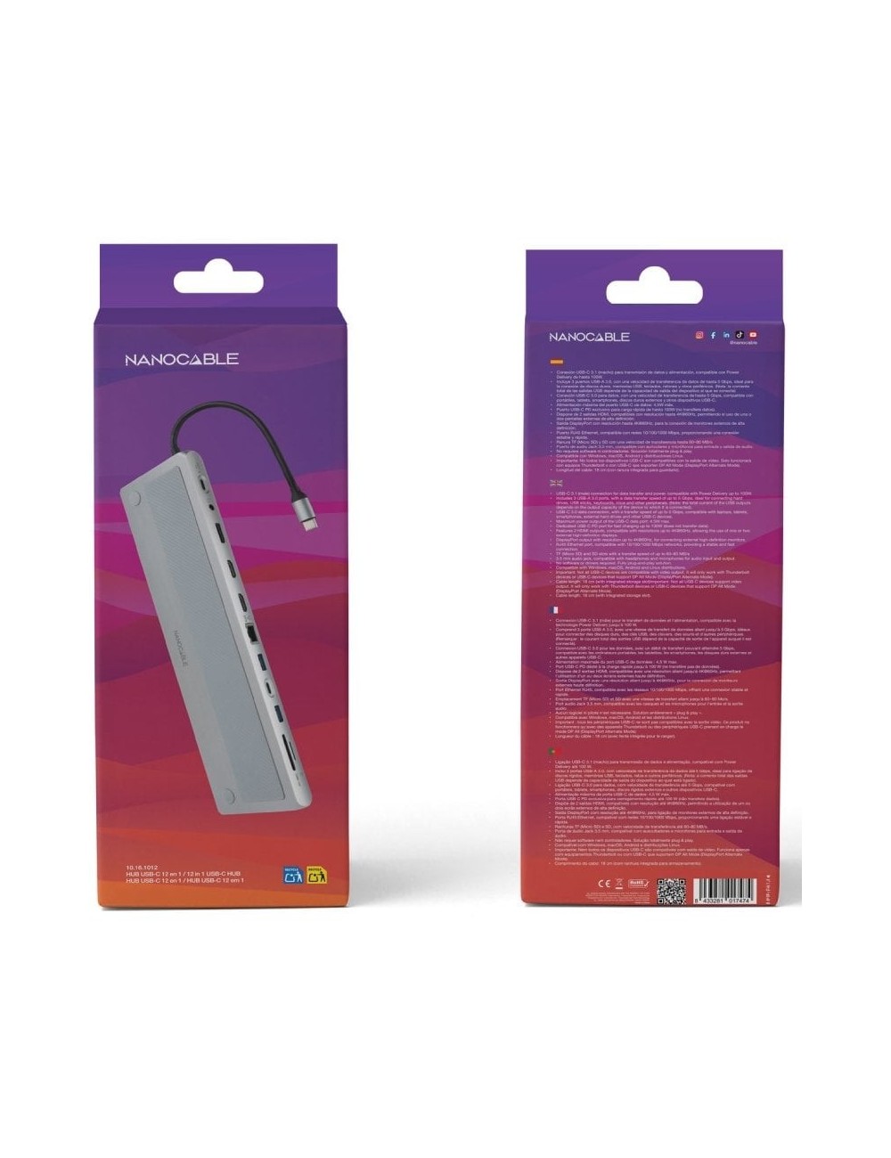 Docking Tipo-C Nanocable 10.16.1012/ 3xUSB/ 1xUSB Tipo-C/ 2xHDMI 4K/ 1xDisplayPort/ 1xRJ45/ 1xLector tarjetas/ 1xJack 3.5/ 1xUSB
