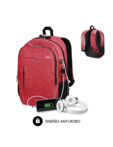 Mochila Subblim Urban Lock para Portátiles hasta 16'/ Puerto USB/ Antirrobo/ Roja