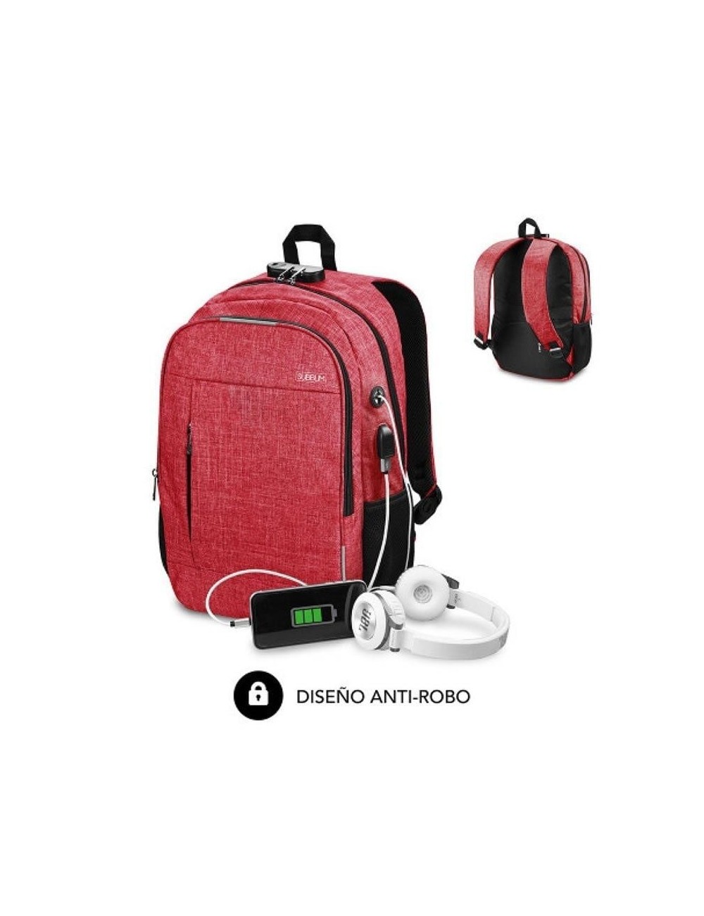 Mochila Subblim Urban Lock para Portátiles hasta 16'/ Puerto USB/ Antirrobo/ Roja