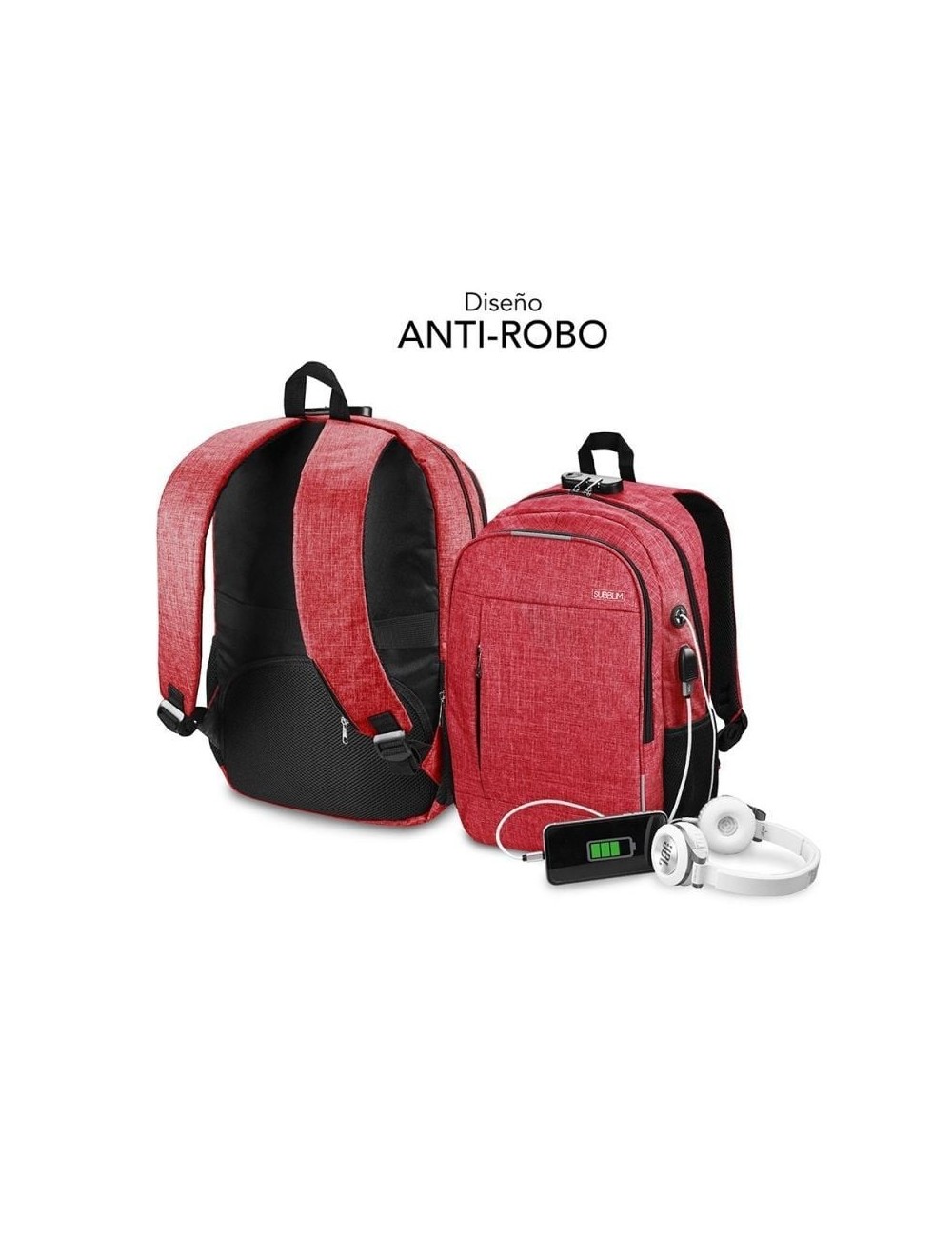 Mochila Subblim Urban Lock para Portátiles hasta 16'/ Puerto USB/ Antirrobo/ Roja
