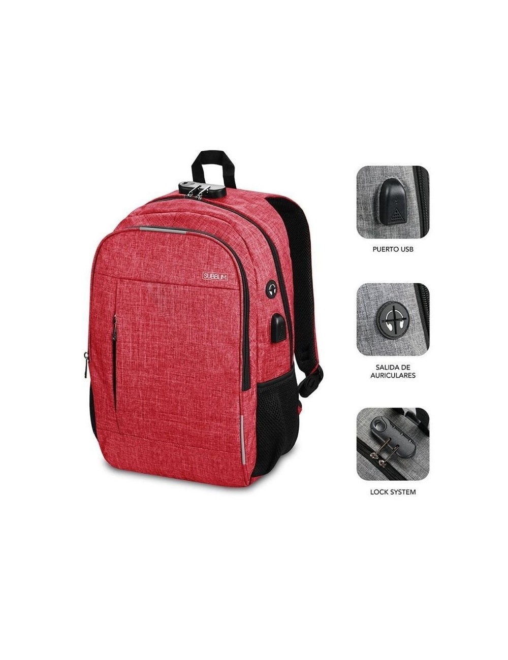 Mochila Subblim Urban Lock para Portátiles hasta 16'/ Puerto USB/ Antirrobo/ Roja