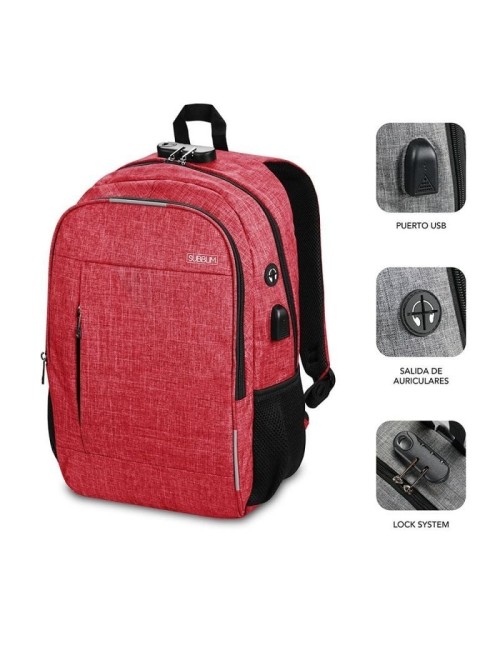 Mochila Subblim Urban Lock para Portátiles hasta 16'/ Puerto USB/ Antirrobo/ Roja