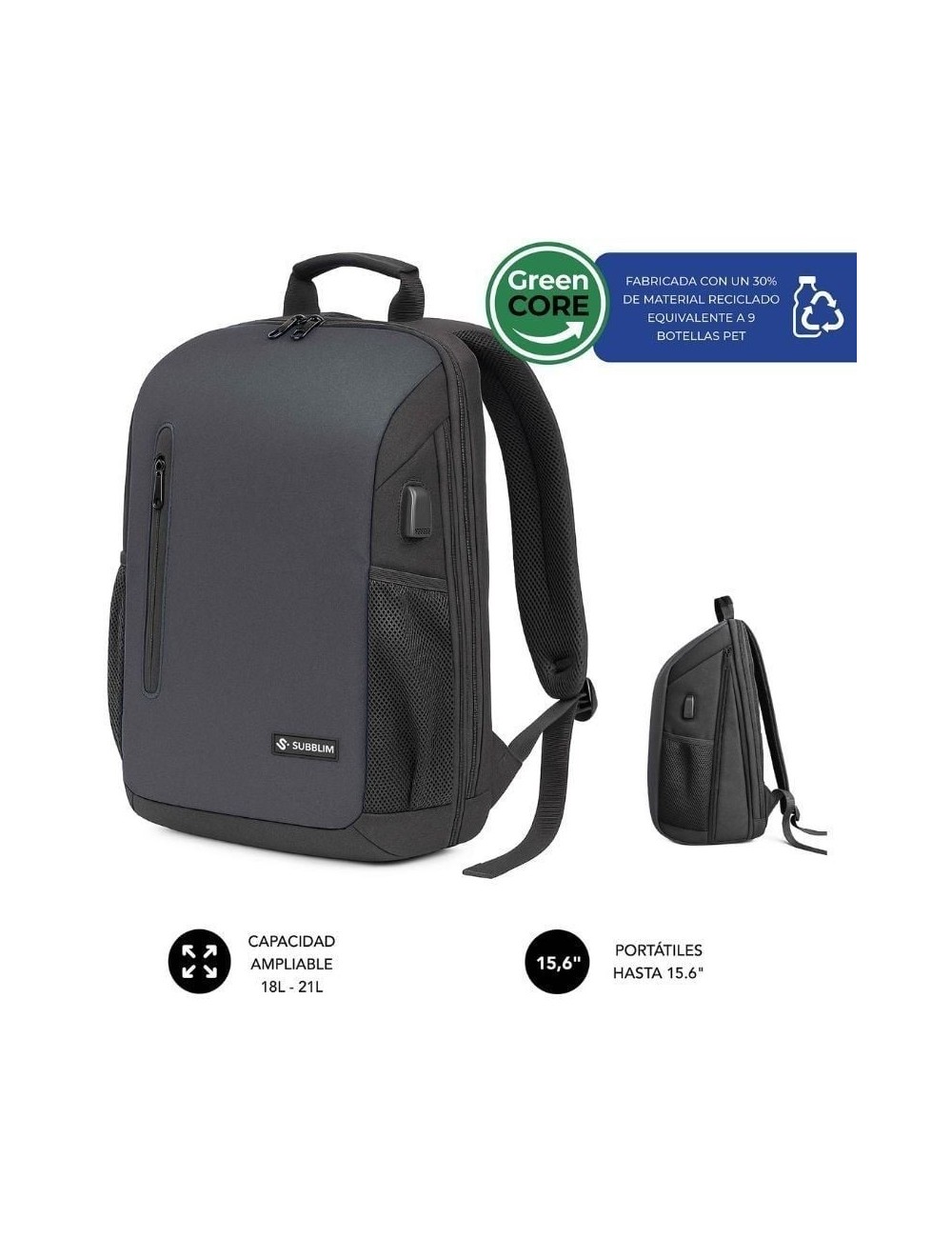 Mochila Subblim Xpand Air Padding Backpack para Portátiles hasta 15.6'/ 21L/ Puerto USB/ Negro