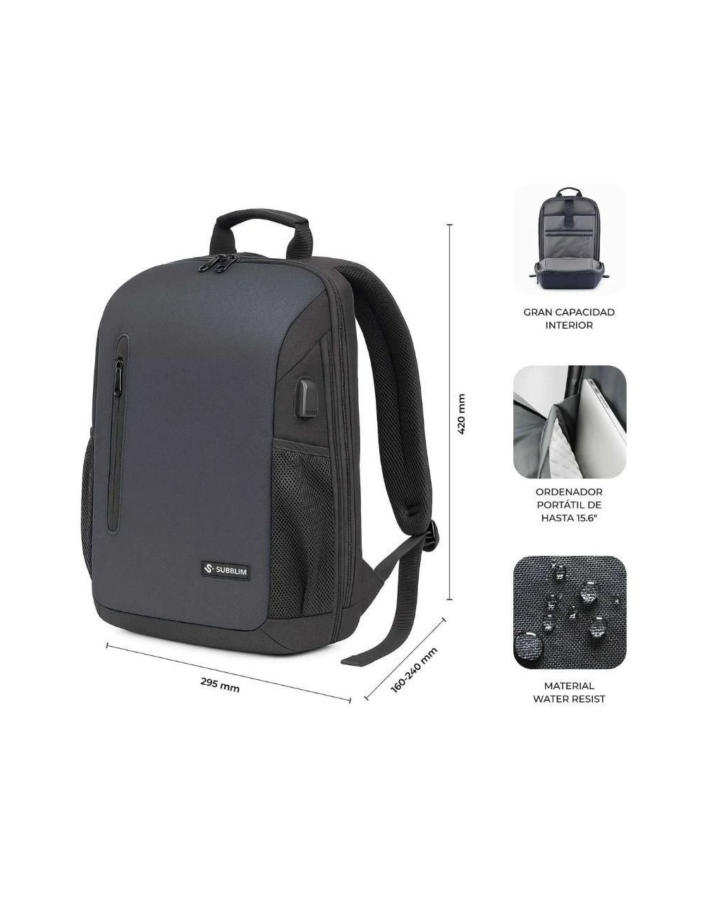 Mochila Subblim Xpand Air Padding Backpack para Portátiles hasta 15.6'/ 21L/ Puerto USB/ Negro