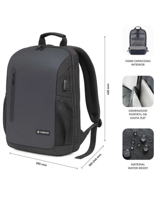 Mochila Subblim Xpand Air Padding Backpack para Portátiles hasta 15.6'/ 21L/ Puerto USB/ Negro
