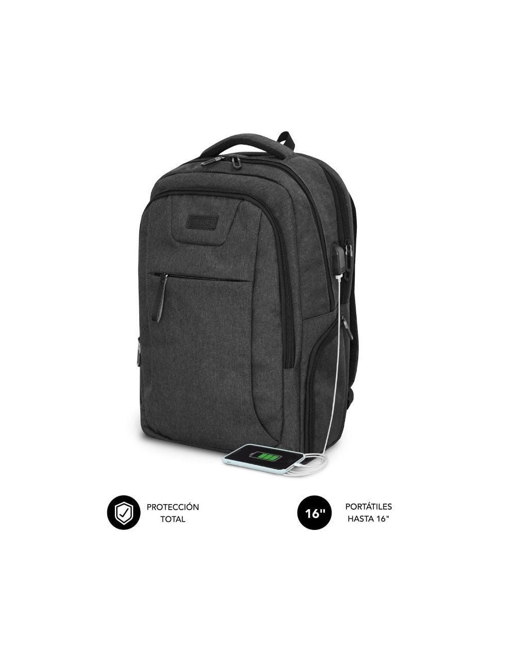 Mochila Subblim Professional Air Padding Backpack para Portátiles hasta 16'/ Puerto USB/ Negra