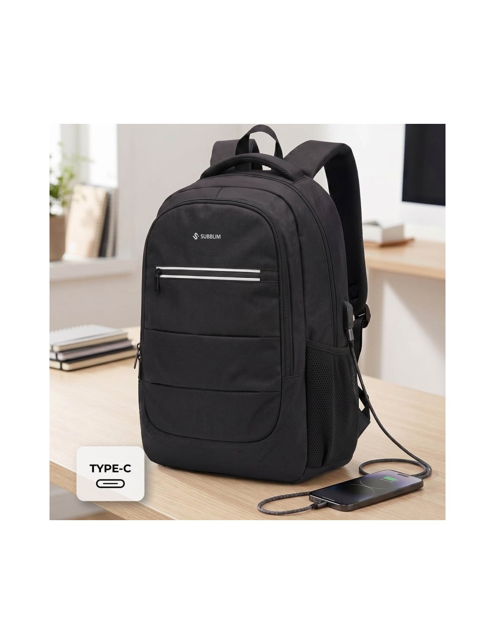 Mochila Subblim City Plus 26L Backpack para Portátiles hasta 16'/ Puerto USB/ Repelente al agua/ Reflectante/ Cinta para Trolley